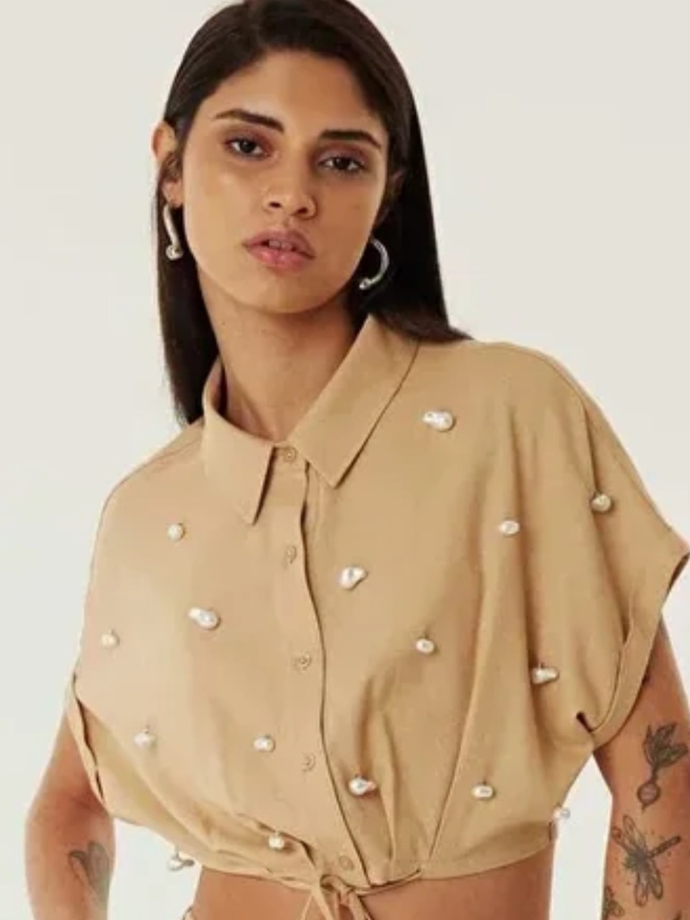 Pearl-Embellished Cropped Button-Down Shirt - Camel